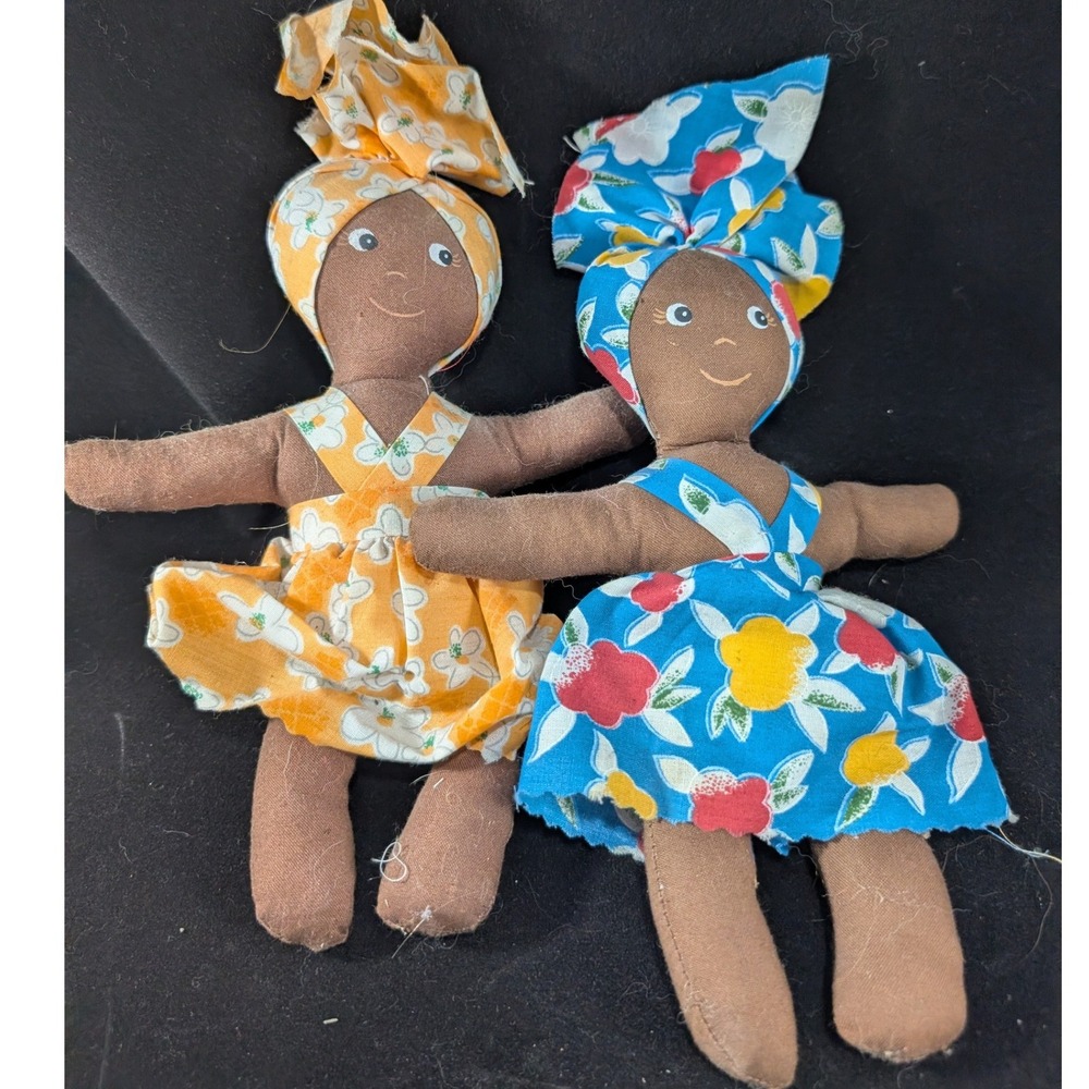 Vintage Handmade Caribbean Rag Dolls Set of 2 Cloth Island Folk Art 8 Inch